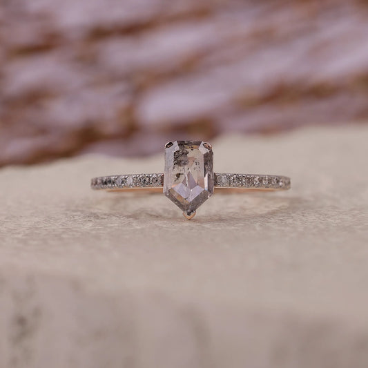 Shield Cut Salt and Pepper Diamond Engagement Ring
