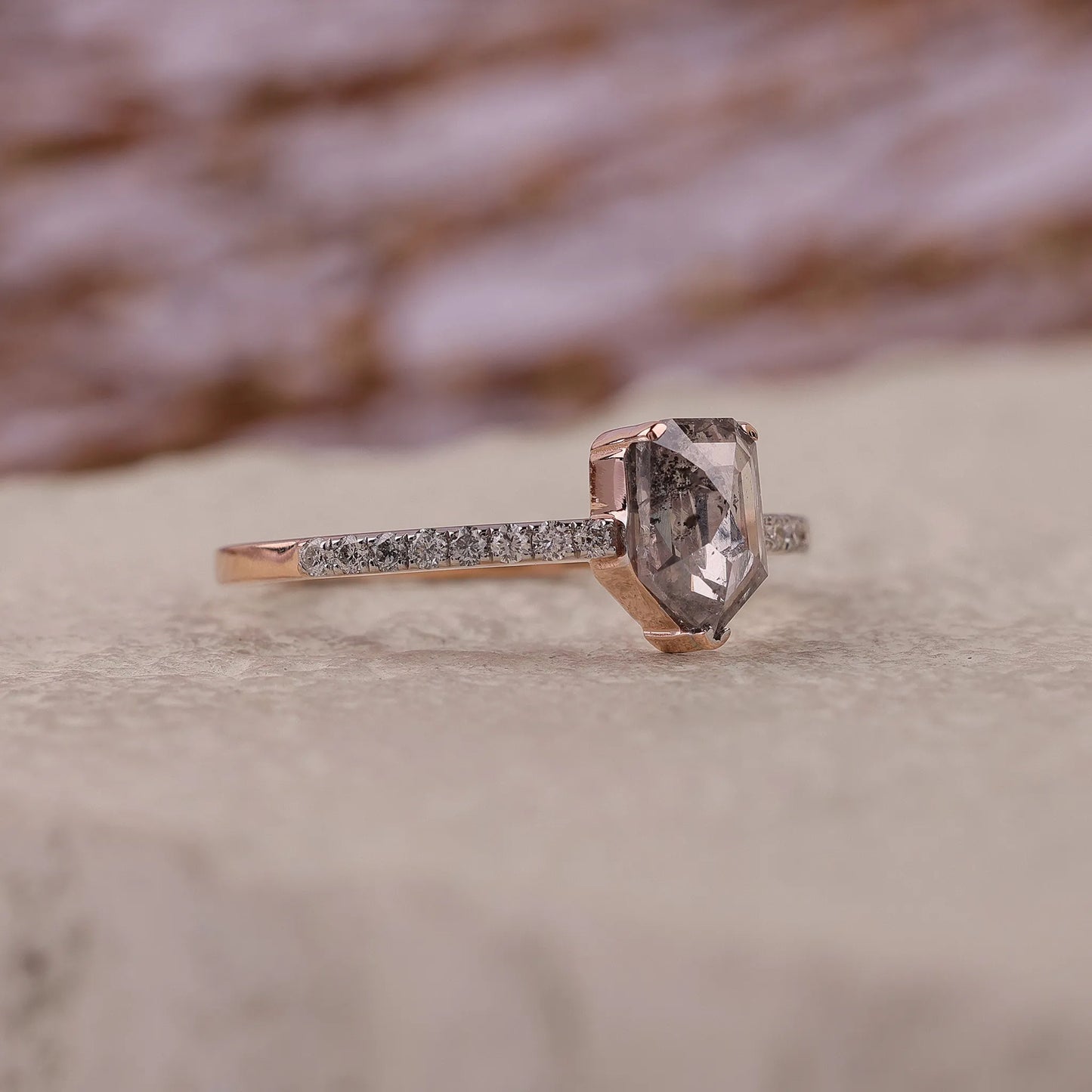 Shield Cut Salt and Pepper Diamond Engagement Ring