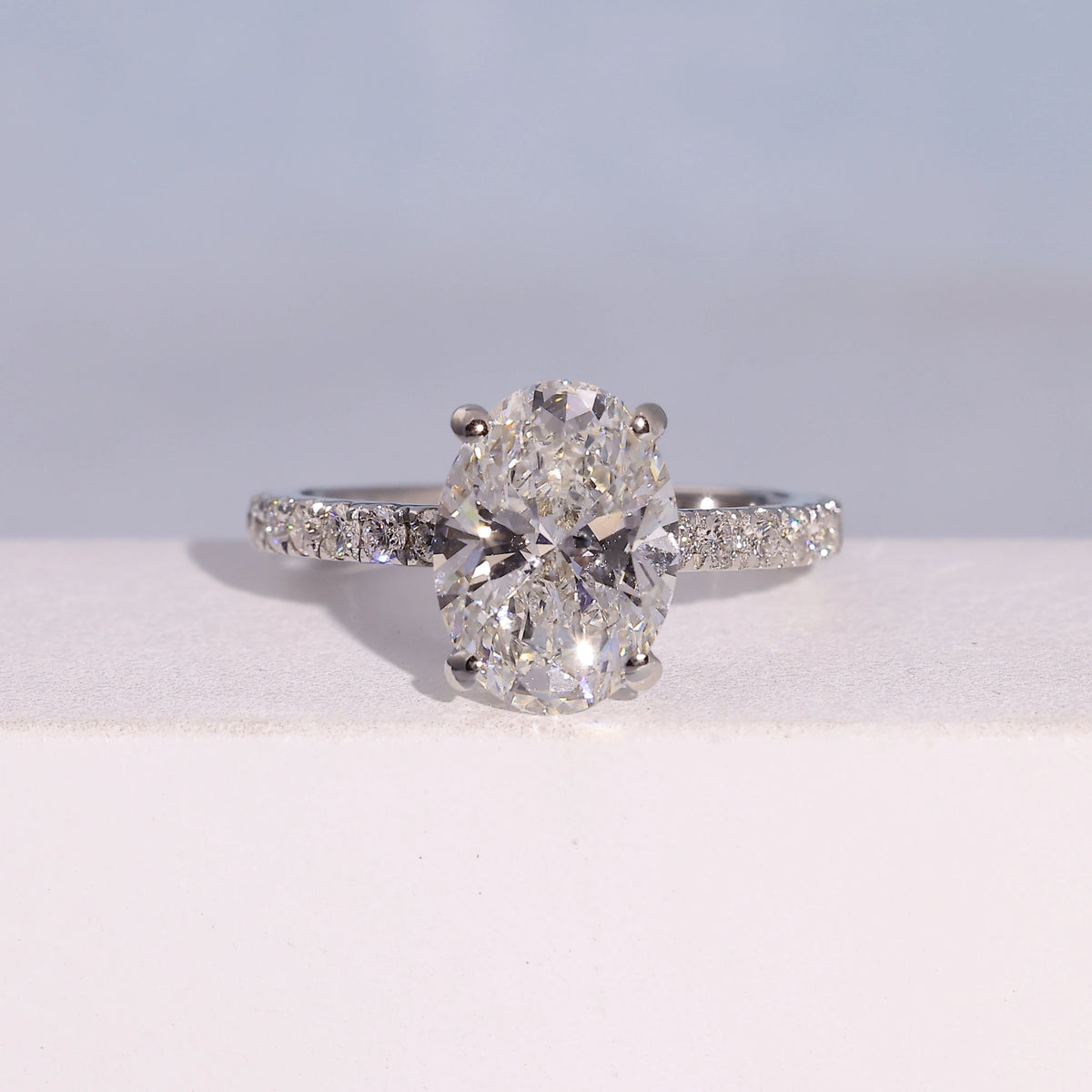 3.04 Carat Oval Cut Lab Grown Diamond Side Stone Pavé Engagement Ring - Front Top View