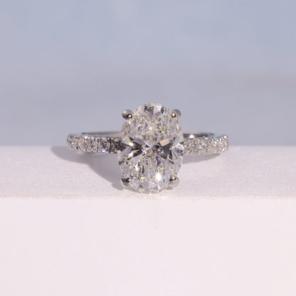 3.04 Carat Oval Cut Lab Grown Diamond Side Stone Pavé Engagement Ring - Front Top View
