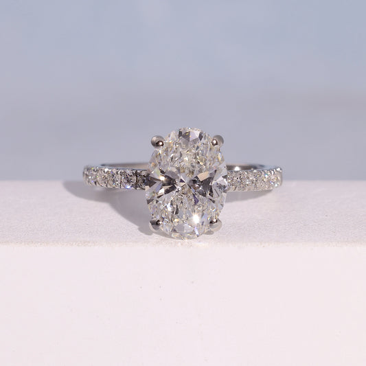3.04 Carat Oval Cut Lab Grown Diamond Side Stone Pavé Engagement Ring - Front Top View