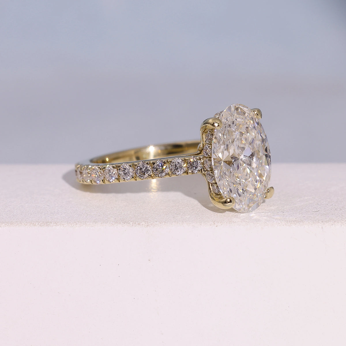 2.79 Carat Oval Cut Lab Grown Diamond Delicate Hidden Halo Engagement Ring - Gallery & Prongs Detail