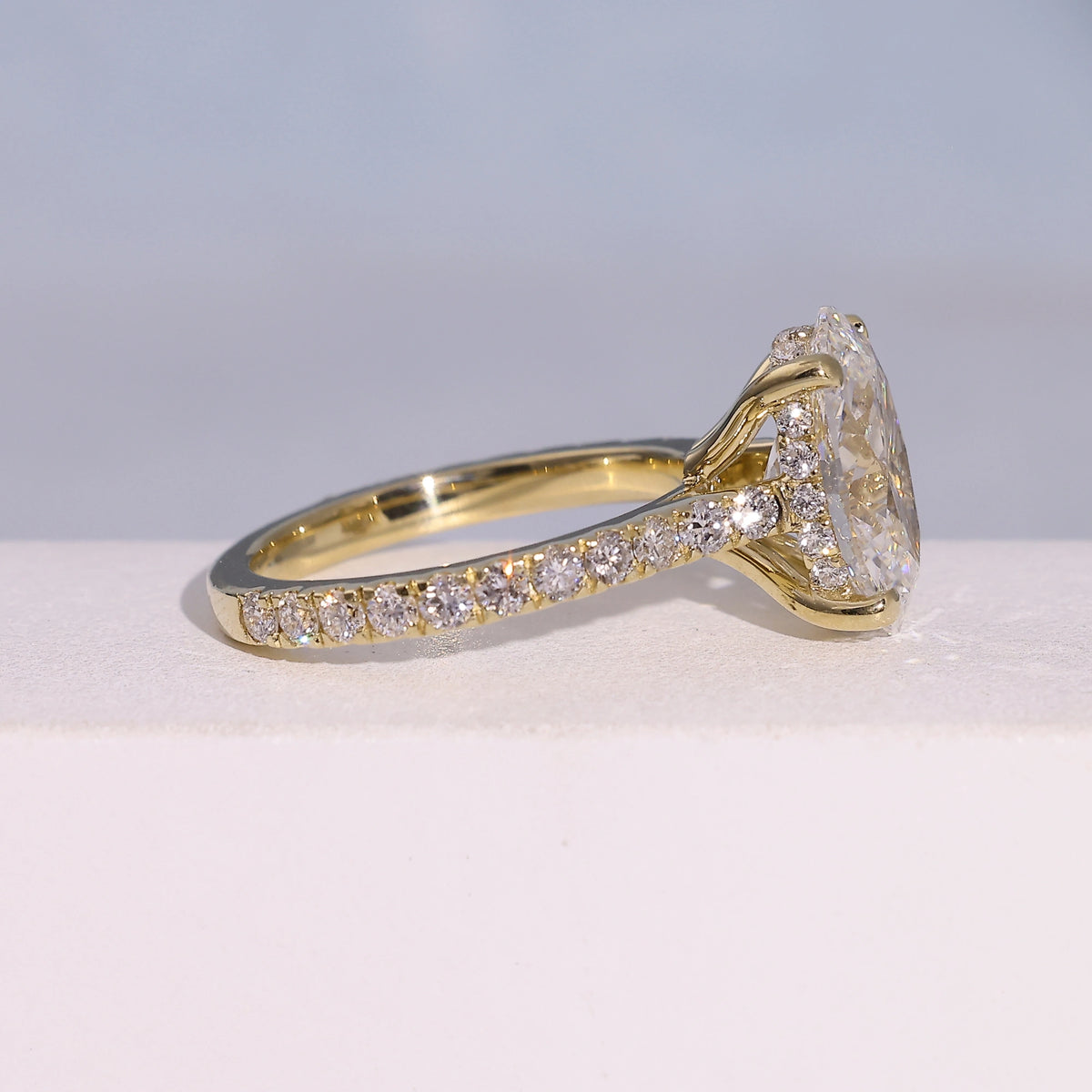 2.79 Carat Oval Cut Lab Grown Diamond Delicate Hidden Halo Engagement Ring - Side Profile Angle