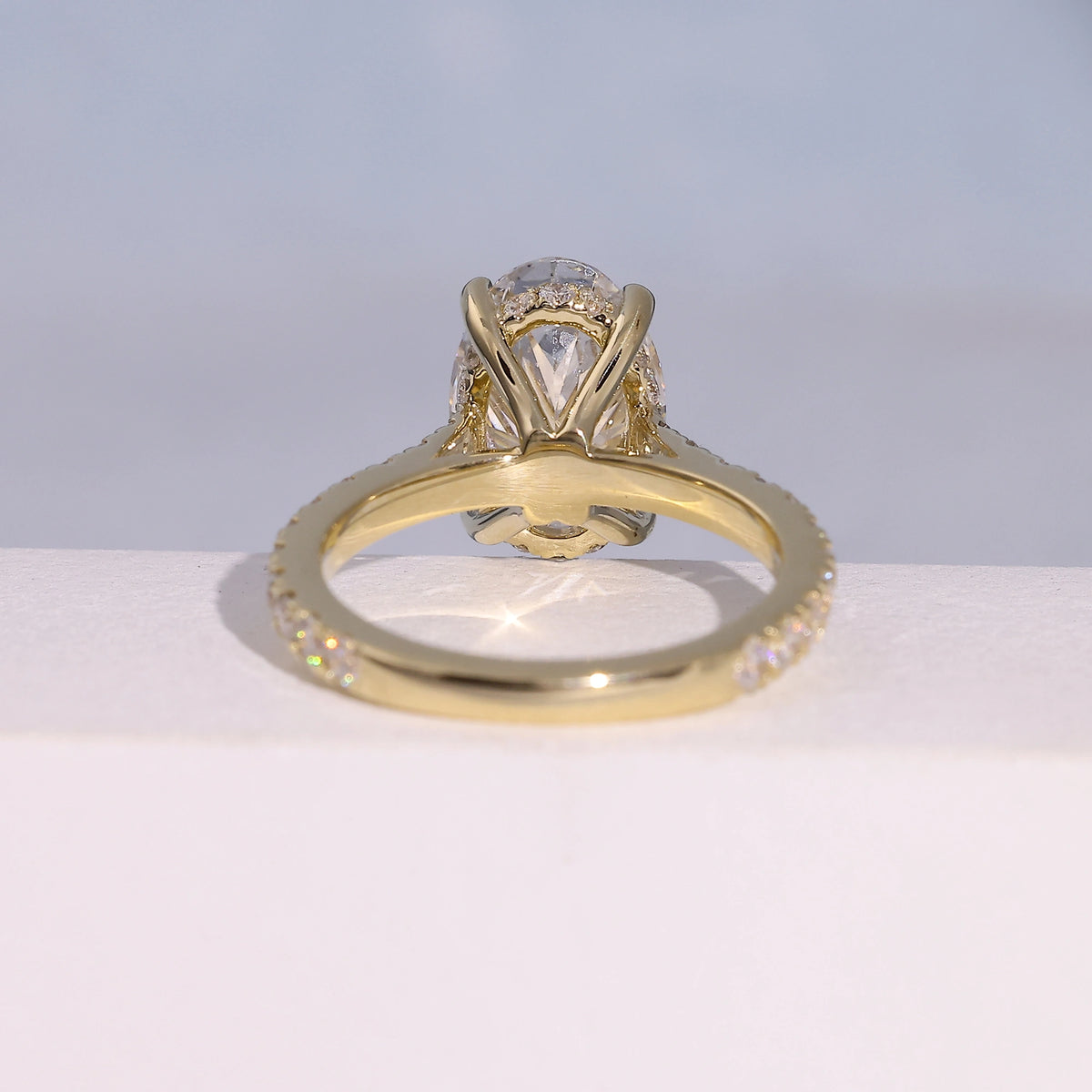 2.79 Carat Oval Cut Lab Grown Diamond Delicate Hidden Halo Engagement Ring - Hand View / Detail Angle