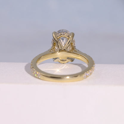 2.79 Carat Oval Cut Lab Grown Diamond Delicate Hidden Halo Engagement Ring - Hand View / Detail Angle