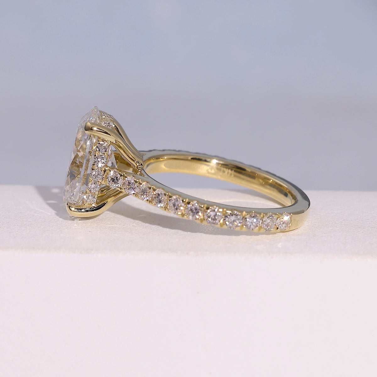 2.79 Carat Oval Cut Lab Grown Diamond Delicate Hidden Halo Engagement Ring - Angled Perspective