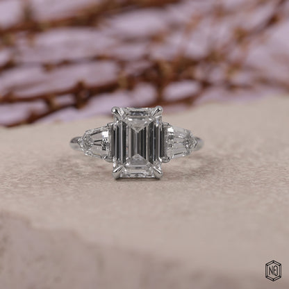 3.06 Carat Emerald Cut Lab Grown Diamond Trellis Three-Stone Engagement Ring - Front Top View