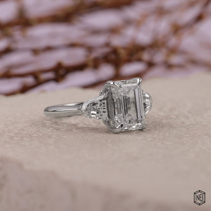 3.06 Carat Emerald Cut Lab Grown Diamond Trellis Three-Stone Engagement Ring - Gallery & Prongs Detail