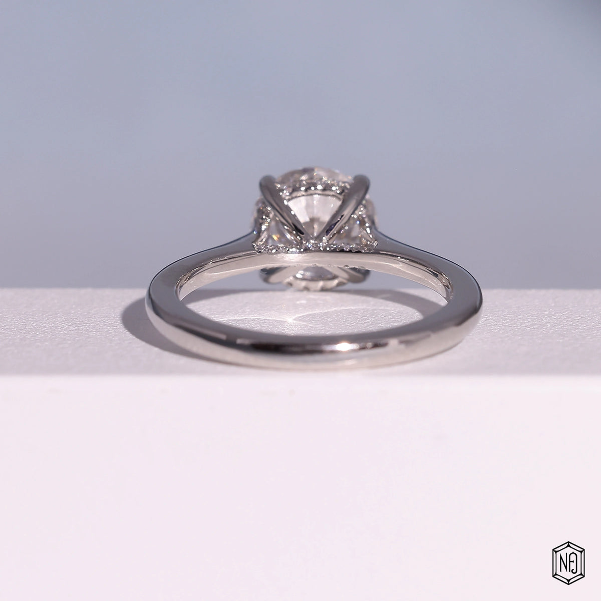 1.93 Carat Round Cut Lab Grown Diamond Delicate Hidden Halo Engagement Ring - Hand View / Detail Angle