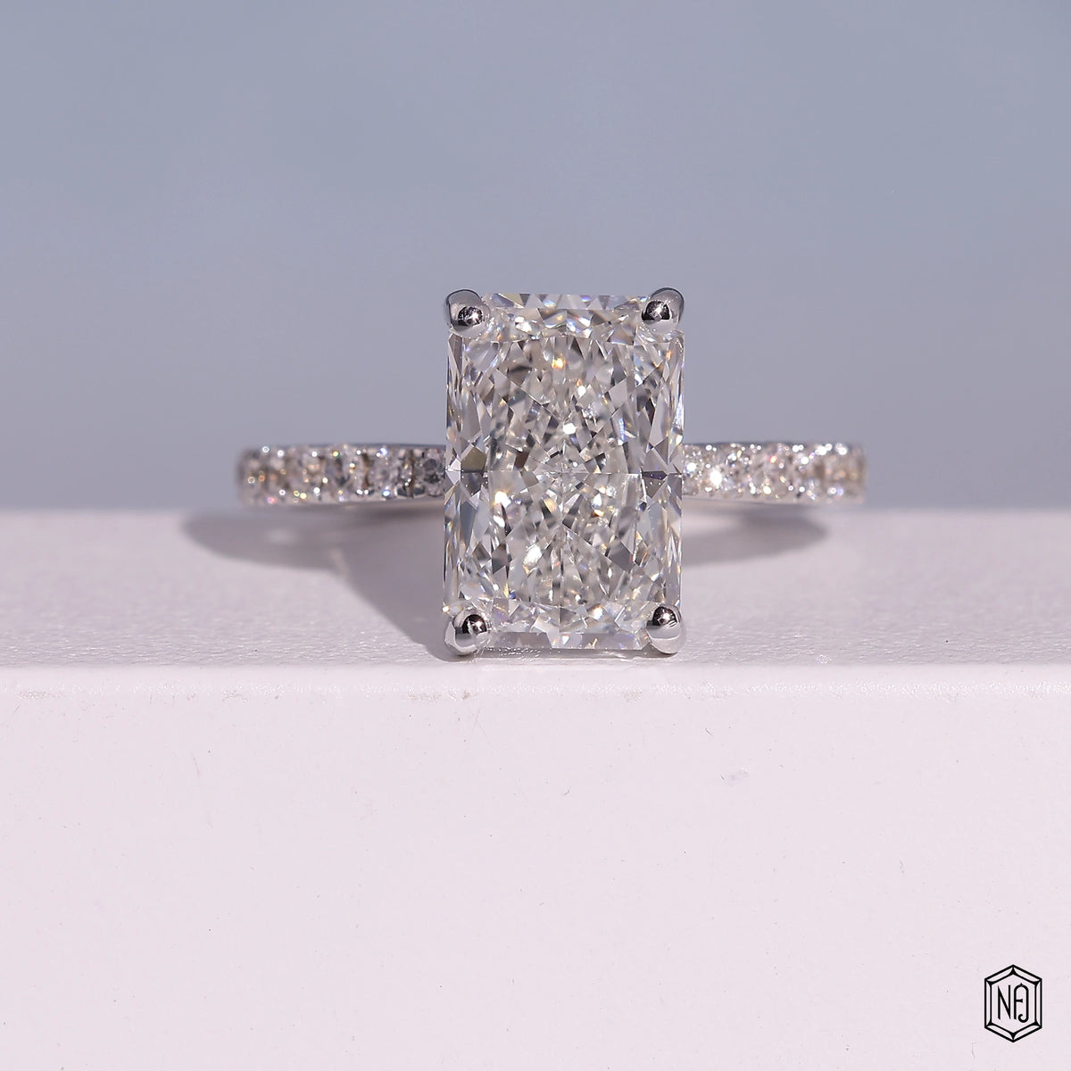 3.72 Carat Radiant Cut Lab Grown Diamond Side Stone Pavé Engagement Ring - Front Top View