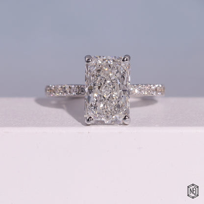 3.72 Carat Radiant Cut Lab Grown Diamond Side Stone Pavé Engagement Ring - Front Top View