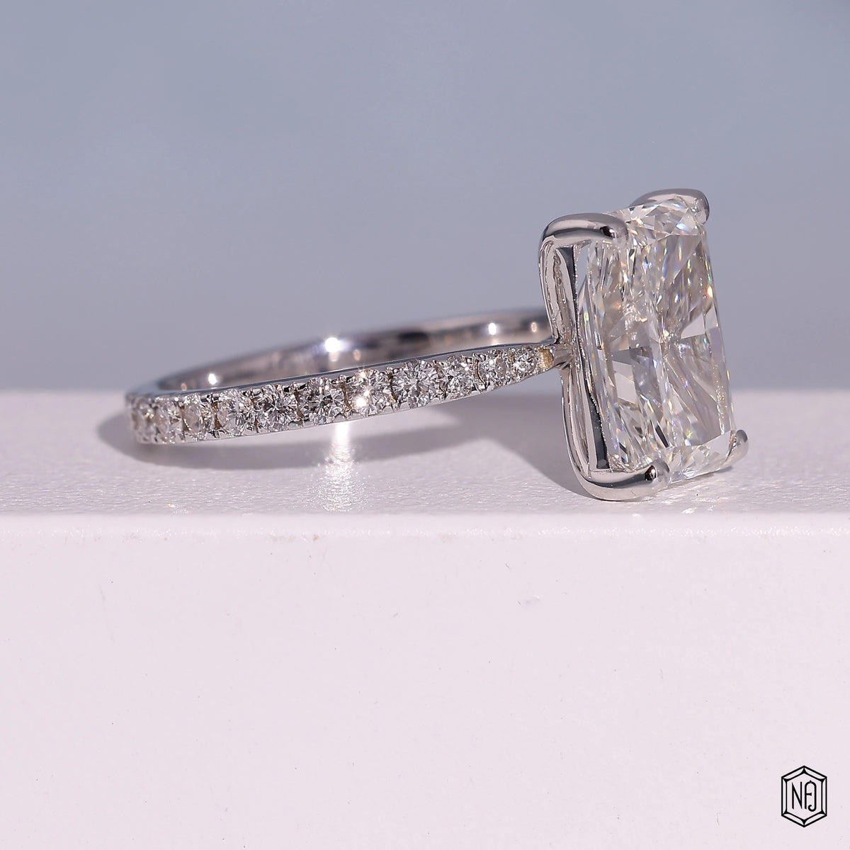 3.72 Carat Radiant Cut Lab Grown Diamond Side Stone Pavé Engagement Ring - Gallery & Prongs Detail