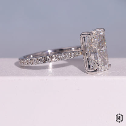 3.72 Carat Radiant Cut Lab Grown Diamond Side Stone Pavé Engagement Ring - Gallery & Prongs Detail