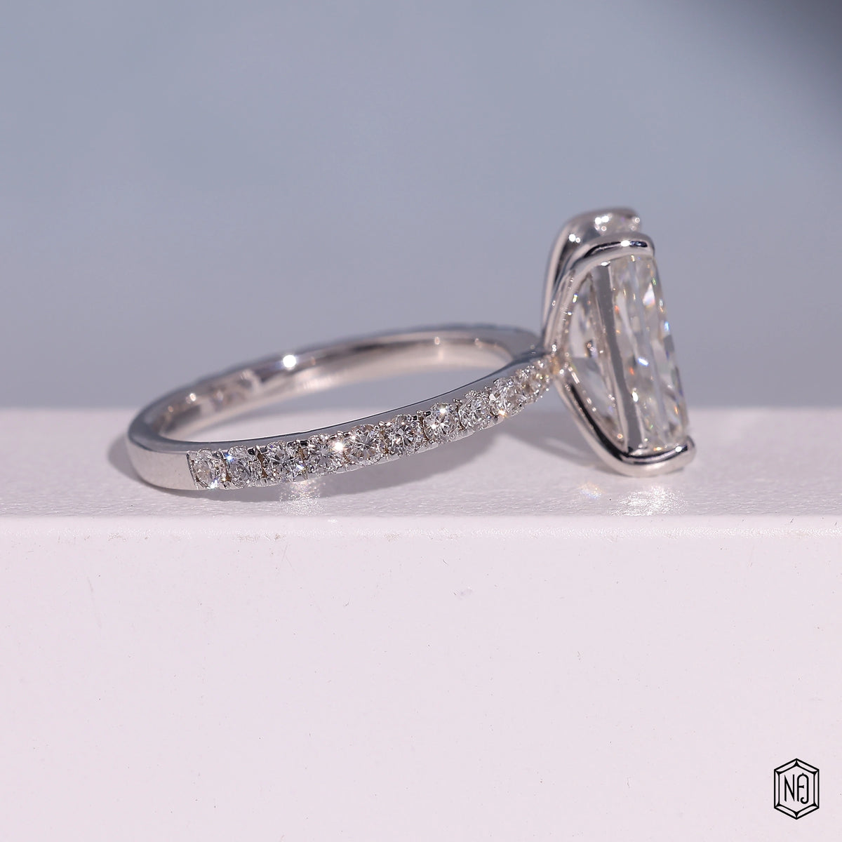3.72 Carat Radiant Cut Lab Grown Diamond Side Stone Pavé Engagement Ring - Side Profile Angle