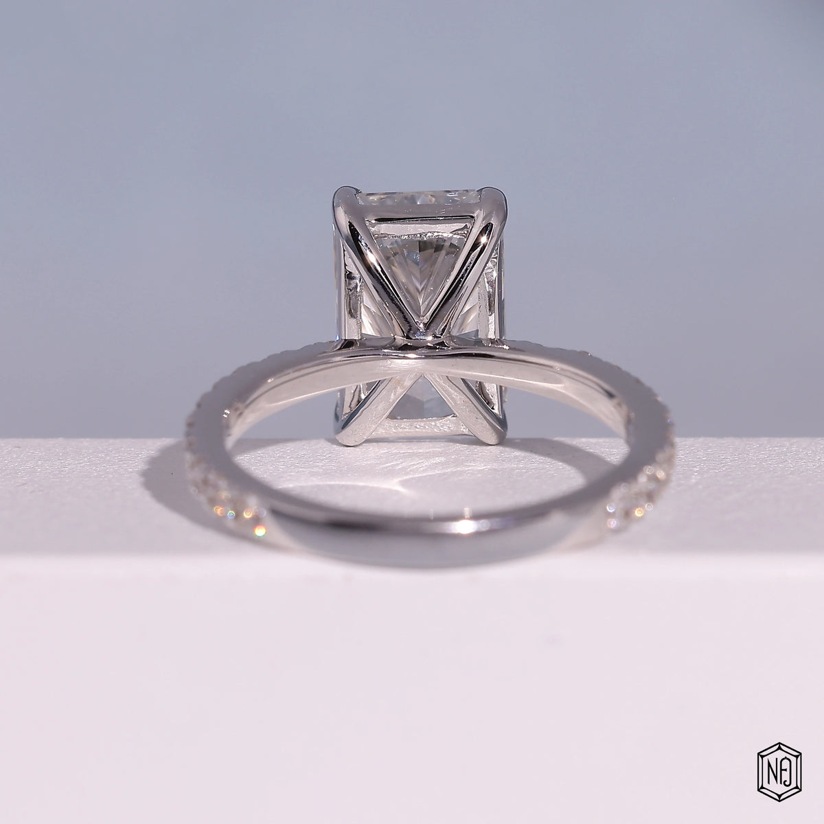 3.72 Carat Radiant Cut Lab Grown Diamond Side Stone Pavé Engagement Ring - Hand View / Detail Angle