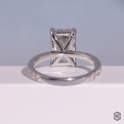 3.72 Carat Radiant Cut Lab Grown Diamond Side Stone Pavé Engagement Ring - Hand View / Detail Angle