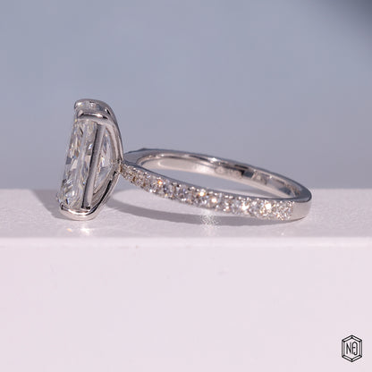 3.72 Carat Radiant Cut Lab Grown Diamond Side Stone Pavé Engagement Ring - Angled Perspective