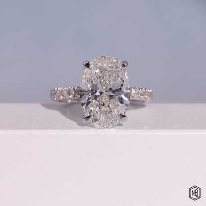 4.59 Carat Oval Cut Lab Grown Diamond Delicate Hidden Halo Engagement Ring - Front Top View