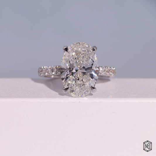 4.59 Carat Oval Cut Lab Grown Diamond Delicate Hidden Halo Engagement Ring - Front Top View