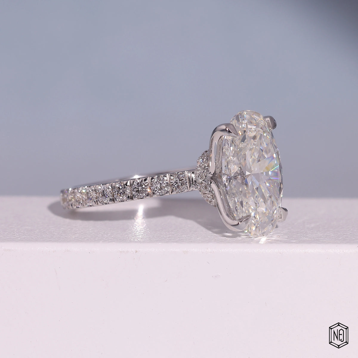 4.59 Carat Oval Cut Lab Grown Diamond Delicate Hidden Halo Engagement Ring - Gallery & Prongs Detail