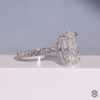 4.59 Carat Oval Cut Lab Grown Diamond Delicate Hidden Halo Engagement Ring - Gallery & Prongs Detail