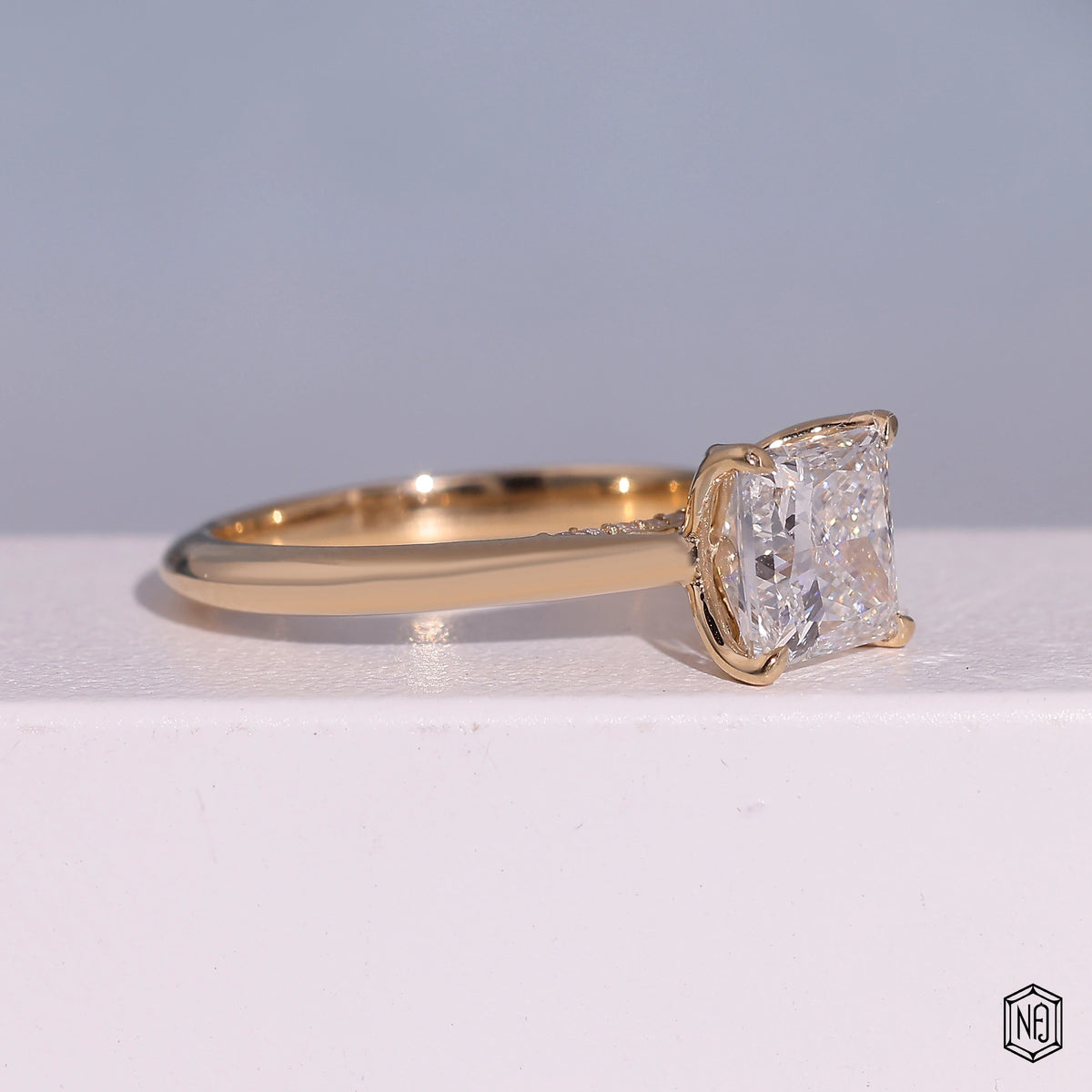 2.00 Carat Princess Cut Lab Grown Diamond Delicate Hidden Halo Engagement Ring - Gallery & Prongs Detail