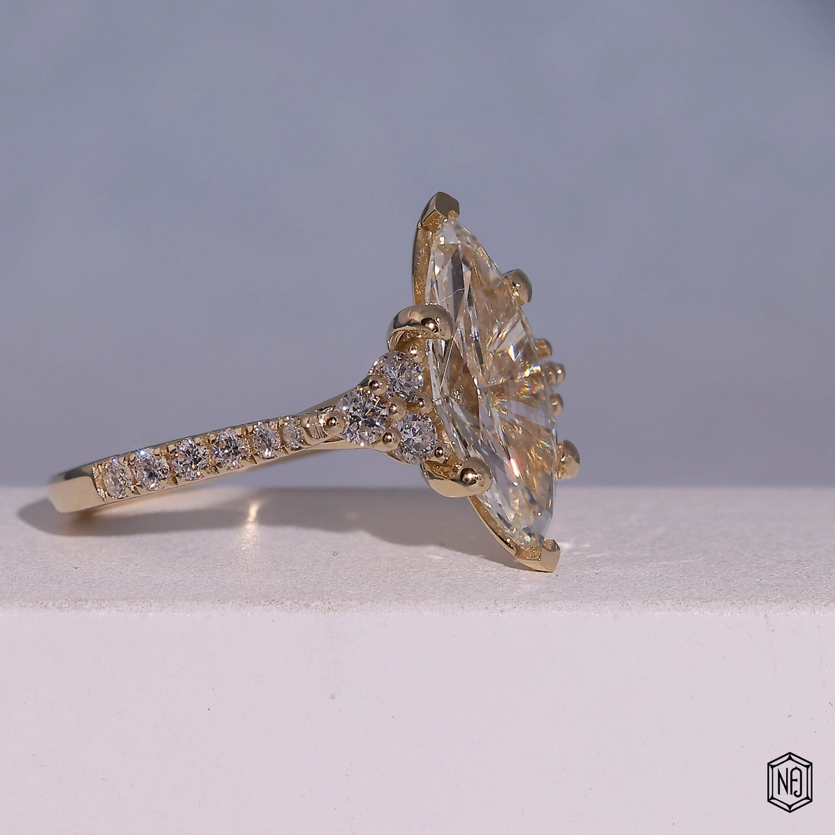 2.9 Carat Marquise Cut Lab Grown Diamond Vintage Inspired Heirloom Engagement Ring - Gallery & Prongs Detail