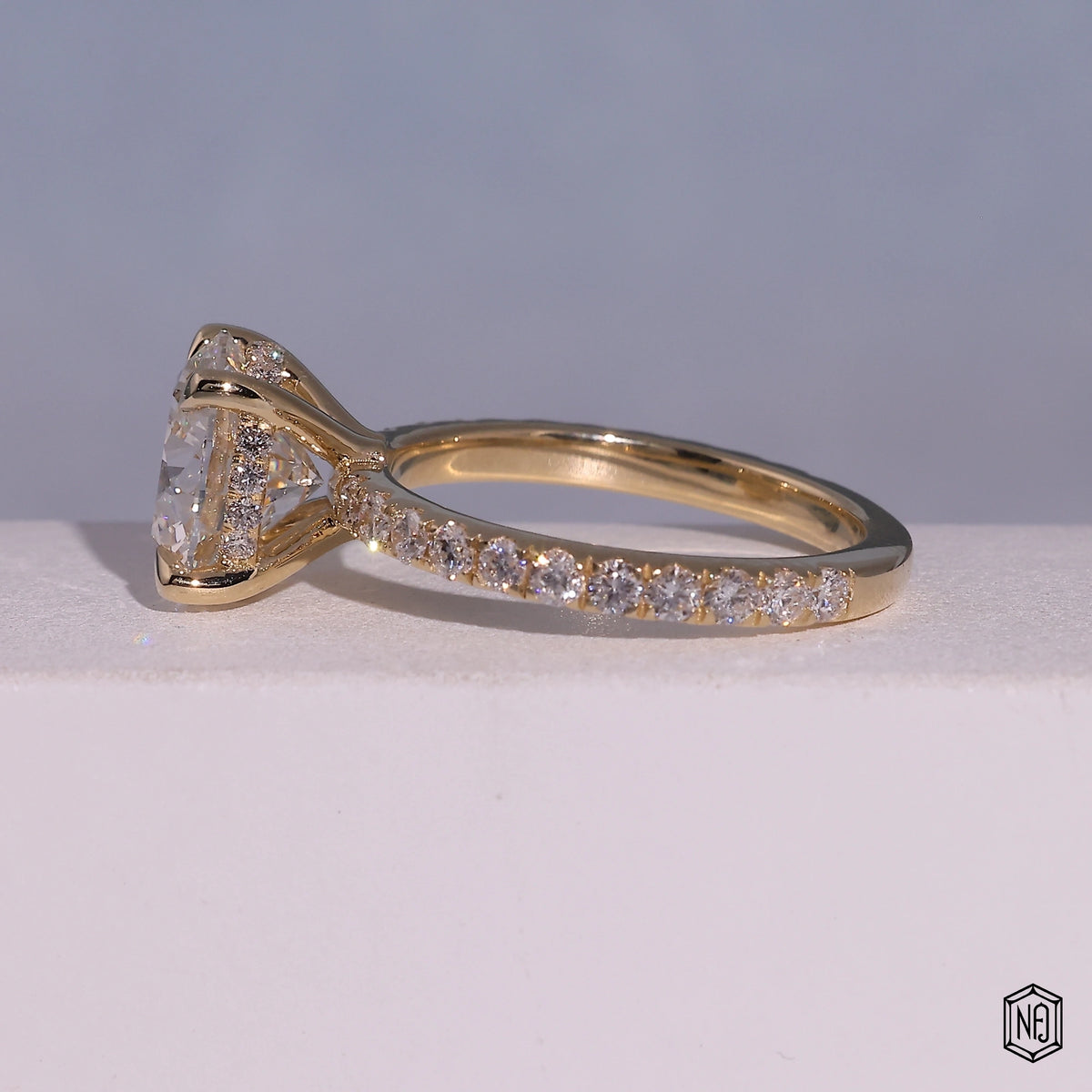 2.82 Carat Round Cut Lab Grown Diamond Delicate Hidden Halo Engagement Ring - Angled Perspective