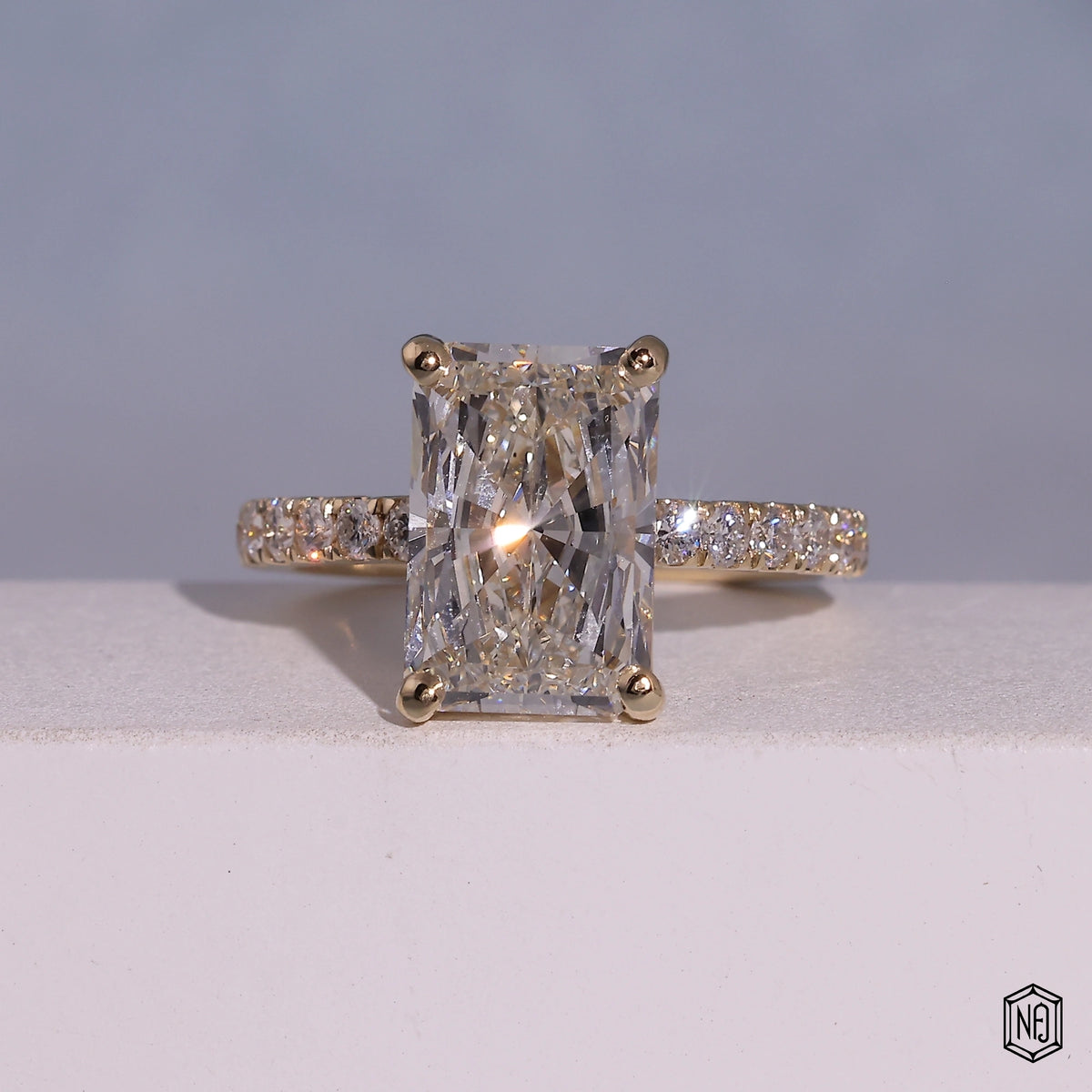 4.52 Carat Radiant Cut Lab Grown Diamond Side Stone Pavé Engagement Ring - Front Top View