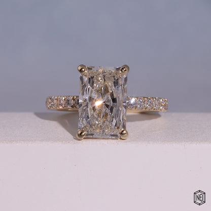 4.52 Carat Radiant Cut Lab Grown Diamond Side Stone Pavé Engagement Ring - Front Top View