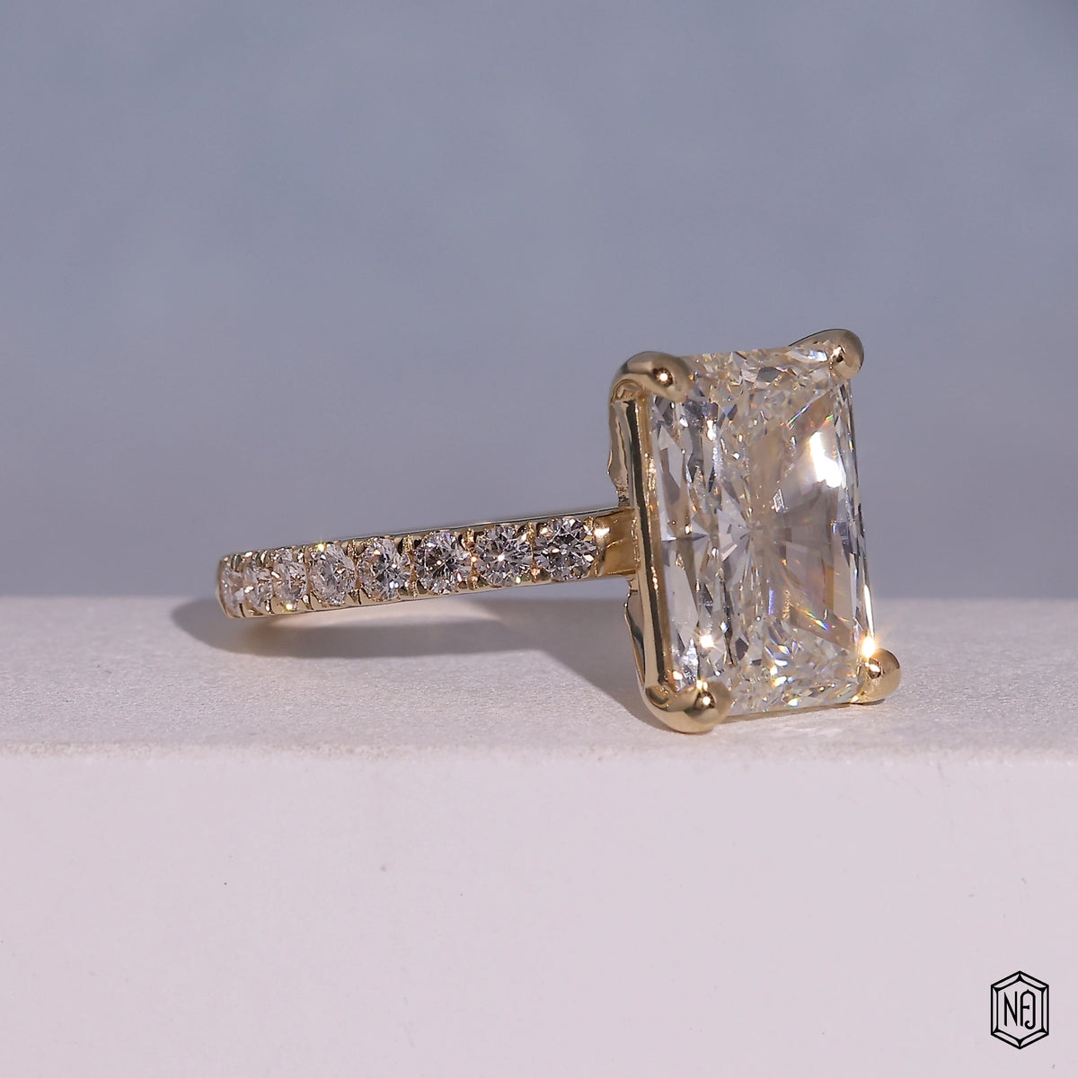 4.52 Carat Radiant Cut Lab Grown Diamond Side Stone Pavé Engagement Ring - Gallery & Prongs Detail
