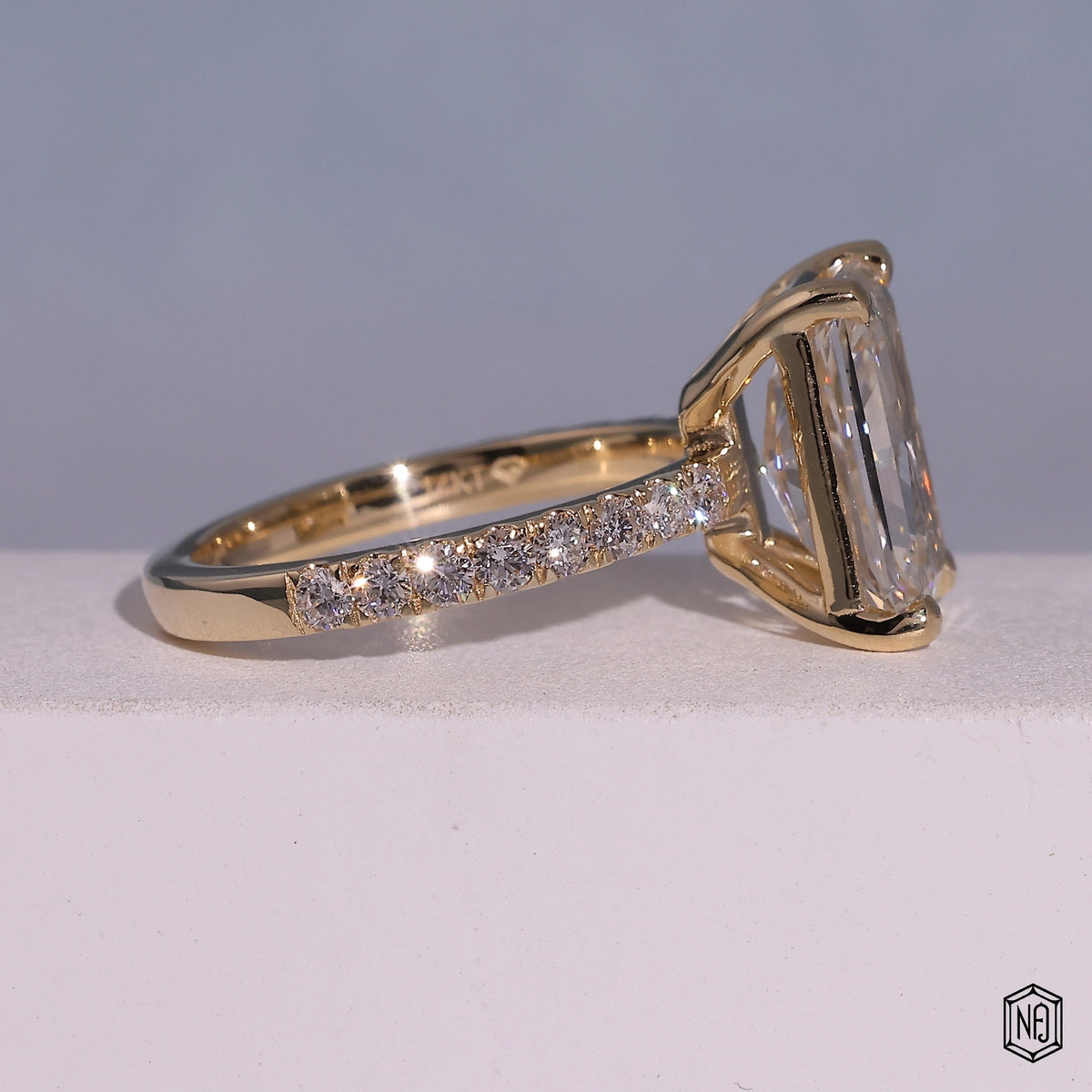 4.52 Carat Radiant Cut Lab Grown Diamond Side Stone Pavé Engagement Ring - Side Profile Angle