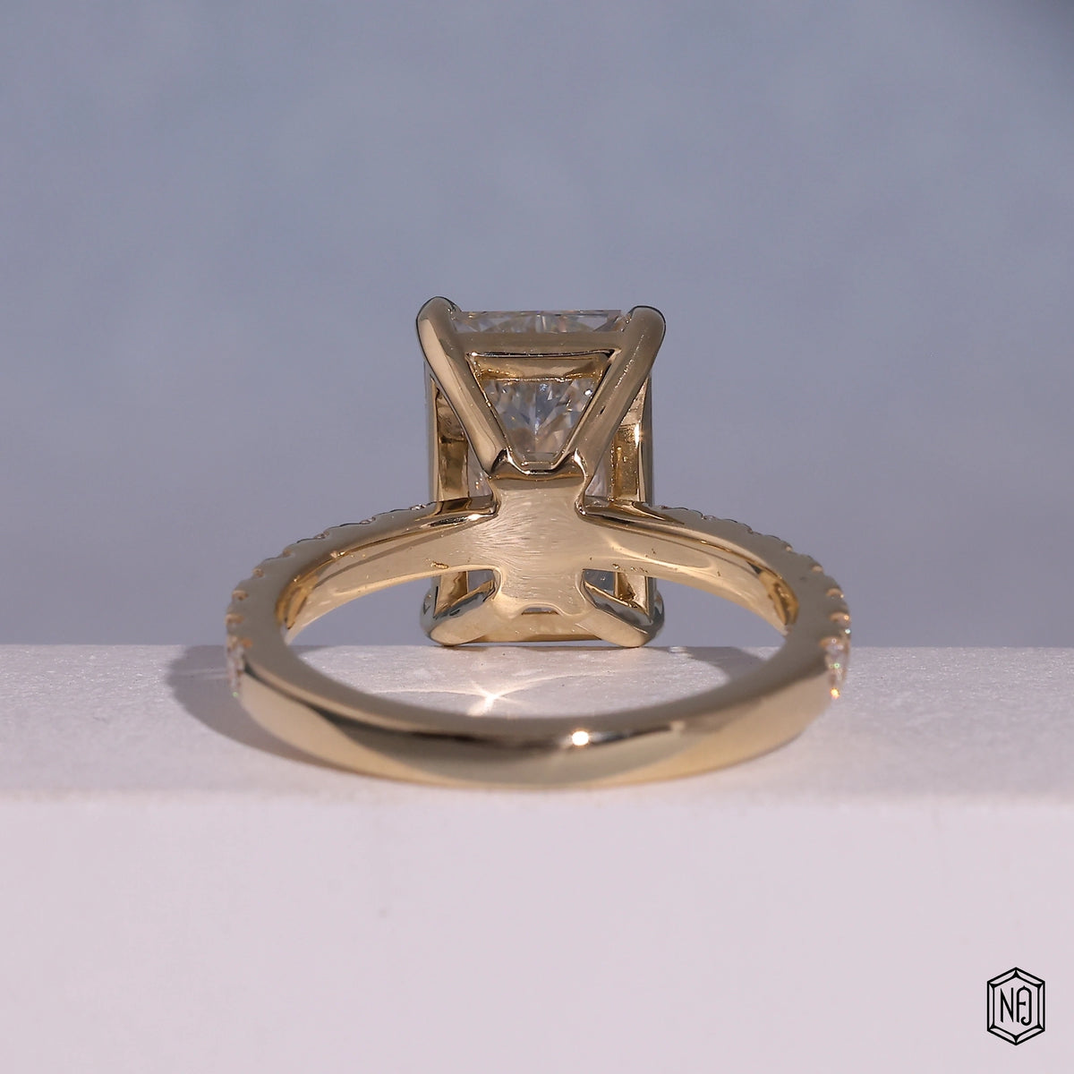 4.52 Carat Radiant Cut Lab Grown Diamond Side Stone Pavé Engagement Ring - Hand View / Detail Angle
