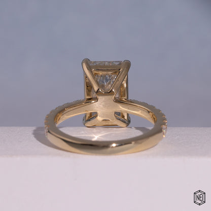 4.52 Carat Radiant Cut Lab Grown Diamond Side Stone Pavé Engagement Ring - Hand View / Detail Angle