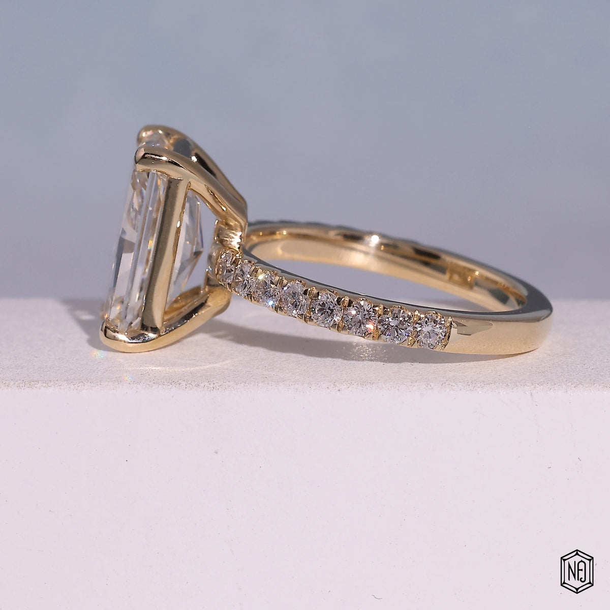 4.52 Carat Radiant Cut Lab Grown Diamond Side Stone Pavé Engagement Ring - Angled Perspective