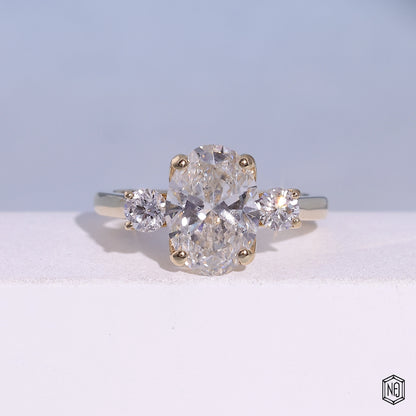 2.53 Carat Oval Cut Lab Grown Diamond Trellis Three-Stone Engagement Ring - Front Top View