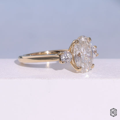 2.53 Carat Oval Cut Lab Grown Diamond Trellis Three-Stone Engagement Ring - Gallery & Prongs Detail