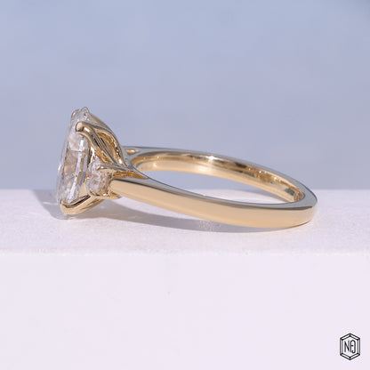 2.53 Carat Oval Cut Lab Grown Diamond Trellis Three-Stone Engagement Ring - Angled Perspective
