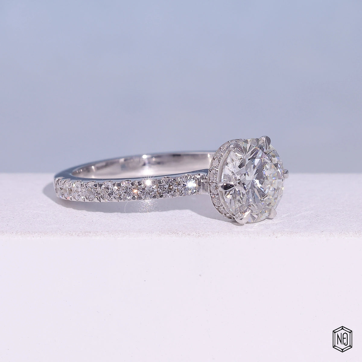 1.85 Carat Round Cut Lab Grown Diamond Delicate Hidden Halo Engagement Ring - Gallery & Prongs Detail