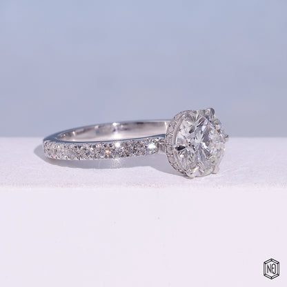 1.85 Carat Round Cut Lab Grown Diamond Delicate Hidden Halo Engagement Ring - Gallery & Prongs Detail
