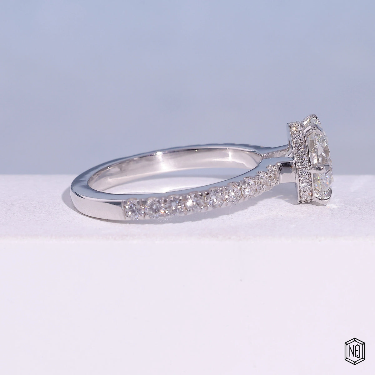 1.85 Carat Round Cut Lab Grown Diamond Delicate Hidden Halo Engagement Ring - Side Profile Angle