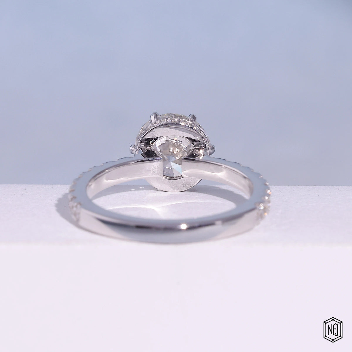 1.85 Carat Round Cut Lab Grown Diamond Delicate Hidden Halo Engagement Ring - Hand View / Detail Angle