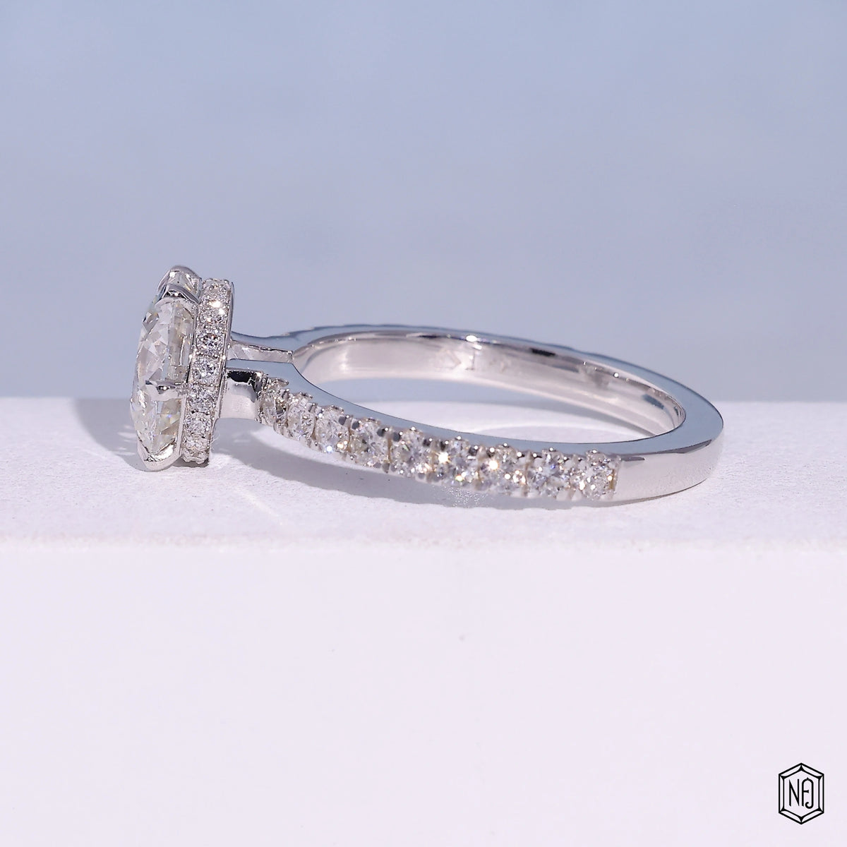1.85 Carat Round Cut Lab Grown Diamond Delicate Hidden Halo Engagement Ring - Angled Perspective