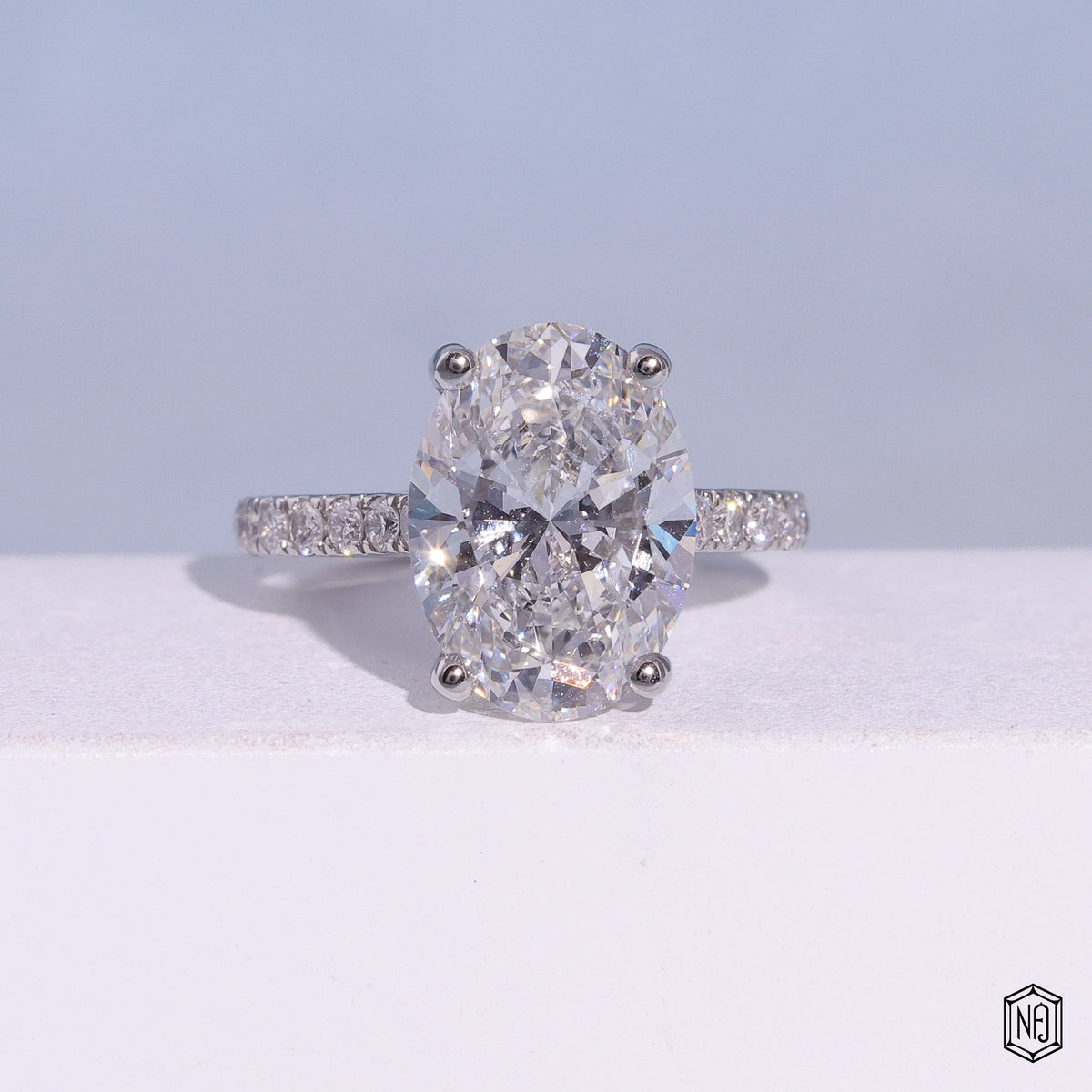 4.03 Carat Oval Cut Lab Grown Diamond Delicate Hidden Halo Engagement Ring - Front Top View