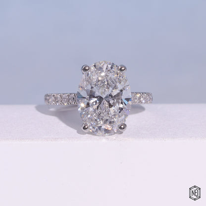 4.03 Carat Oval Cut Lab Grown Diamond Delicate Hidden Halo Engagement Ring - Front Top View