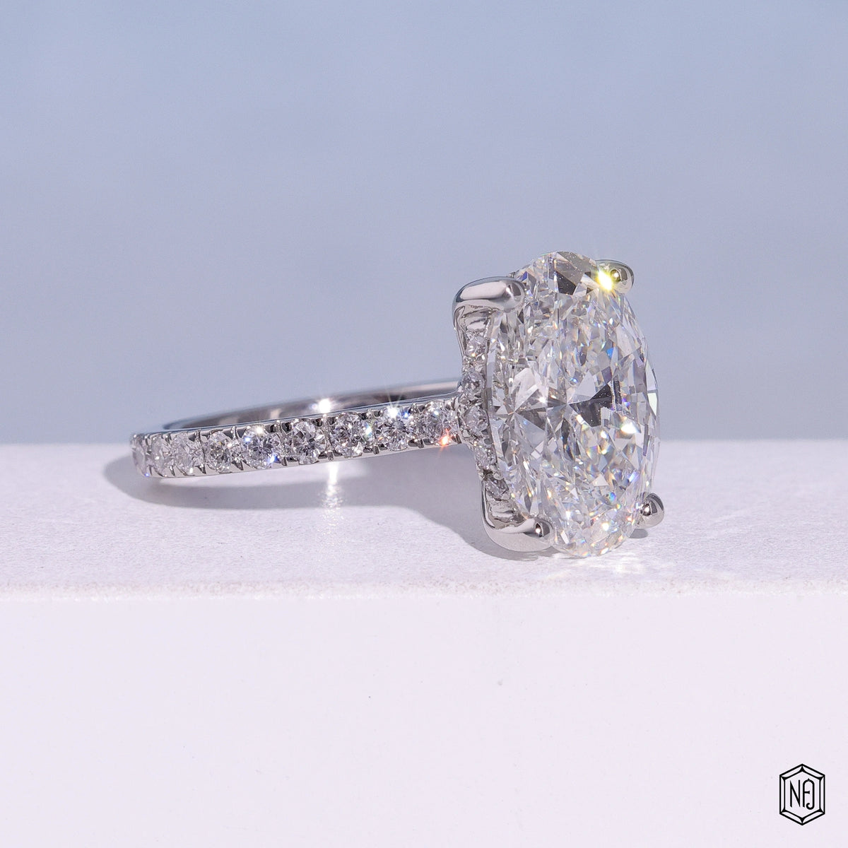 4.03 Carat Oval Cut Lab Grown Diamond Delicate Hidden Halo Engagement Ring - Gallery & Prongs Detail