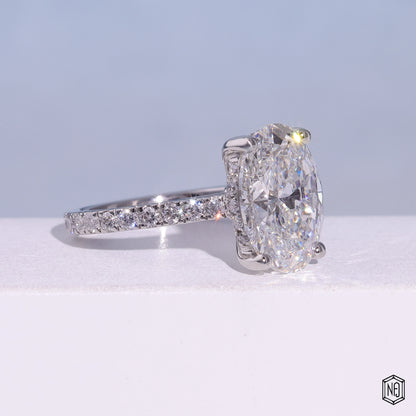 4.03 Carat Oval Cut Lab Grown Diamond Delicate Hidden Halo Engagement Ring - Gallery & Prongs Detail