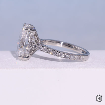 4.03 Carat Oval Cut Lab Grown Diamond Delicate Hidden Halo Engagement Ring - Angled Perspective