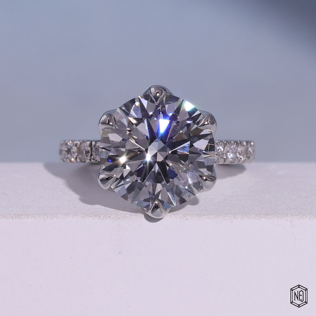 7.02 Carat Round Cut Lab Grown Diamond Side Stone Pavé Engagement Ring - Front Top View