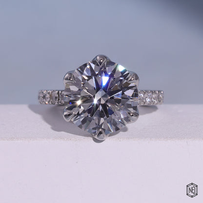 7.02 Carat Round Cut Lab Grown Diamond Side Stone Pavé Engagement Ring - Front Top View